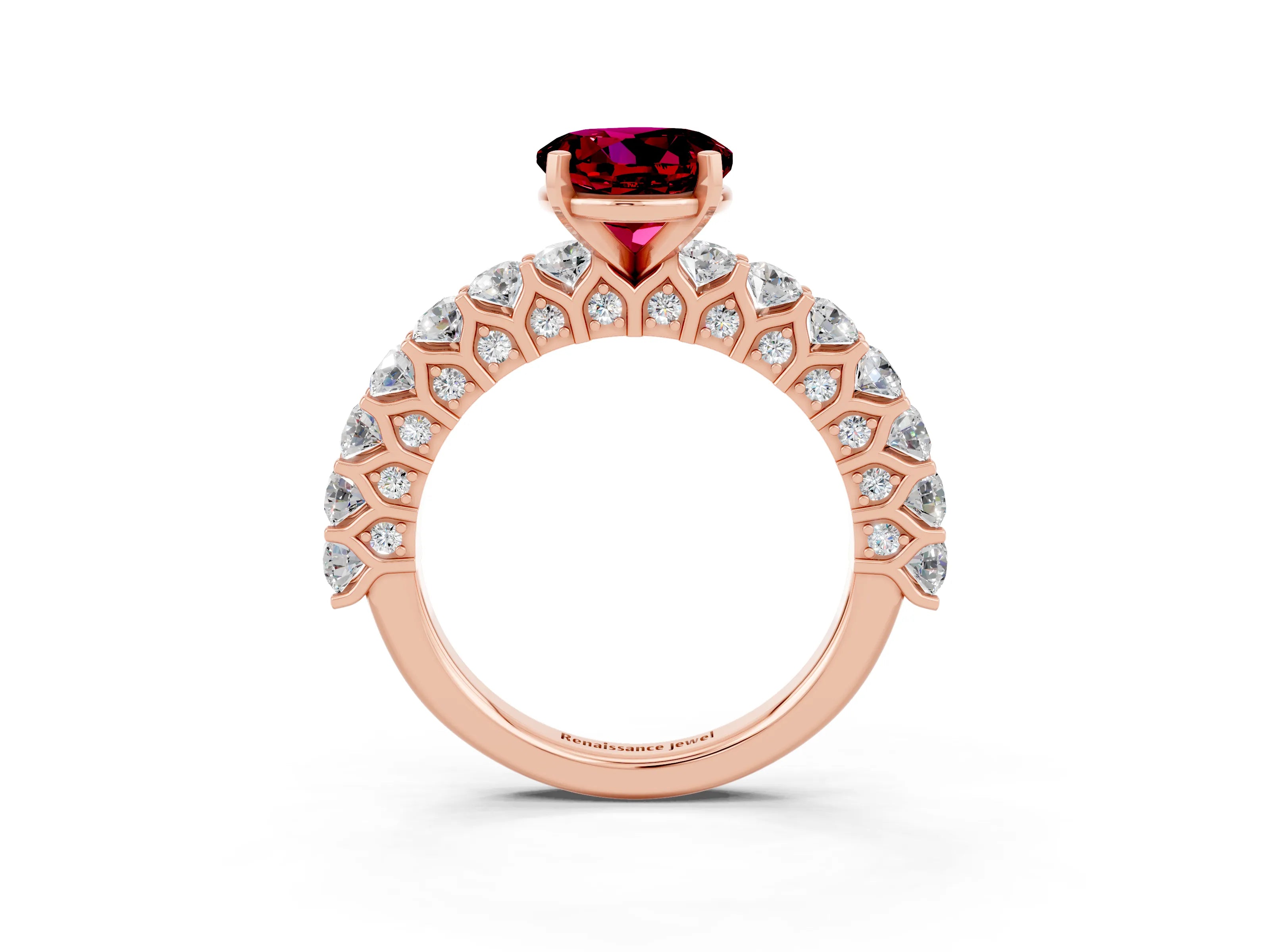 Rose gold Round Cut Garnet Solitaire Ring with Shared Prong Pavé Band and Four-Prong Setting_3