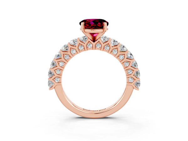 Rose gold Round Cut Garnet Solitaire Ring with Shared Prong Pavé Band and Four-Prong Setting