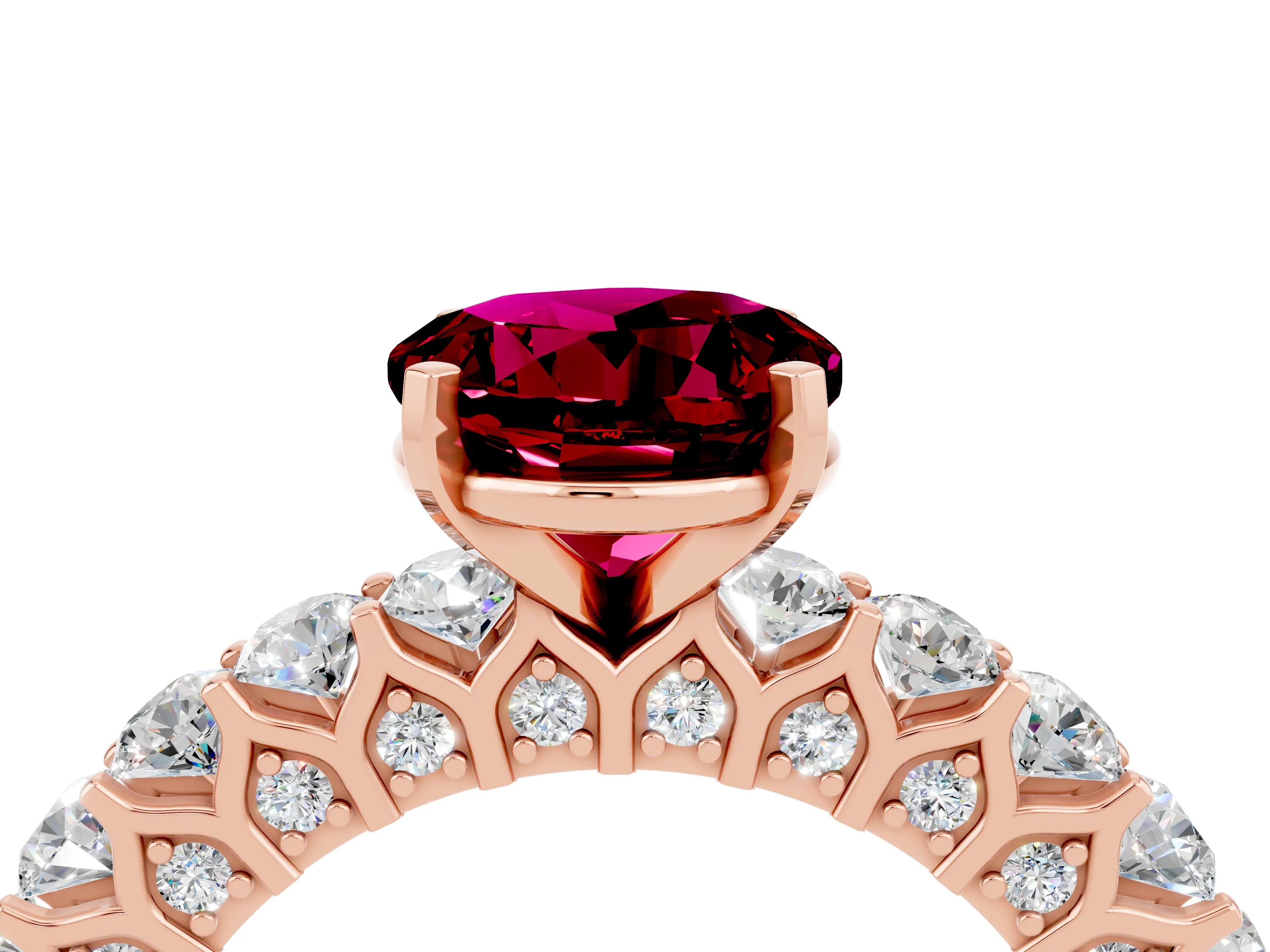 Rose gold Round Cut Garnet Solitaire Ring with Shared Prong Pavé Band and Four-Prong Setting_4