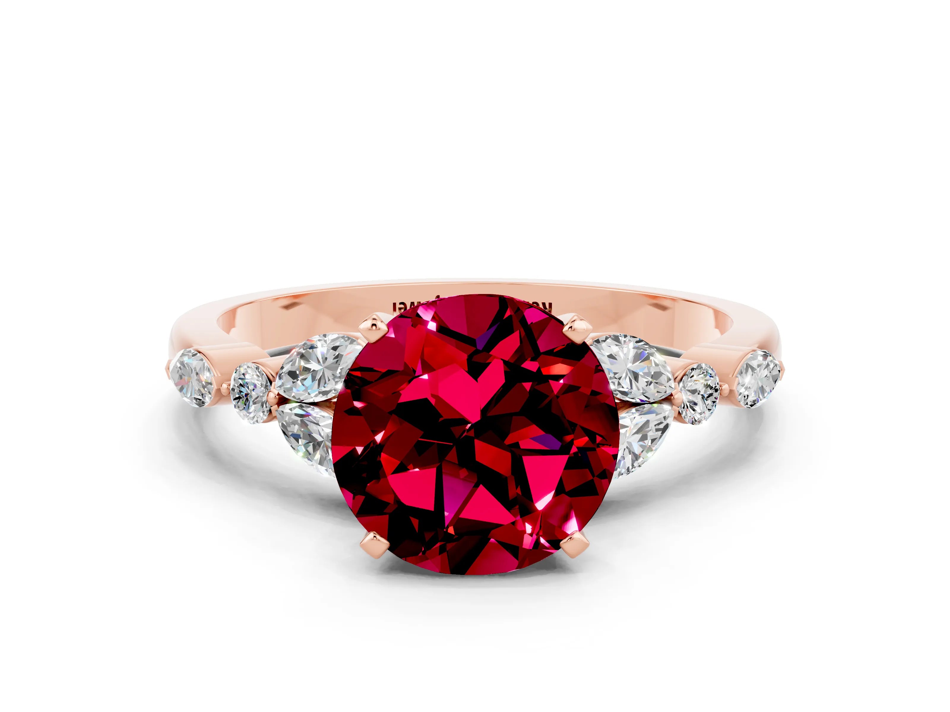 Rose gold Round Cut Garnet Solitaire Ring with Side Stones and Four-Prong Setting_12