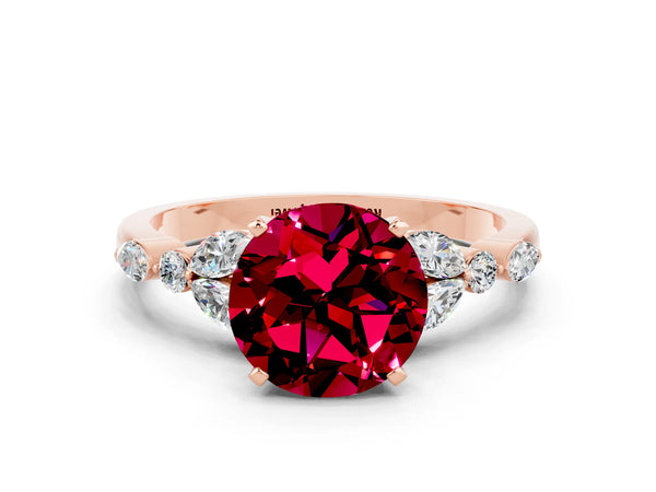 Rose gold Round Cut Garnet Solitaire Ring with Side Stones and Four-Prong Setting