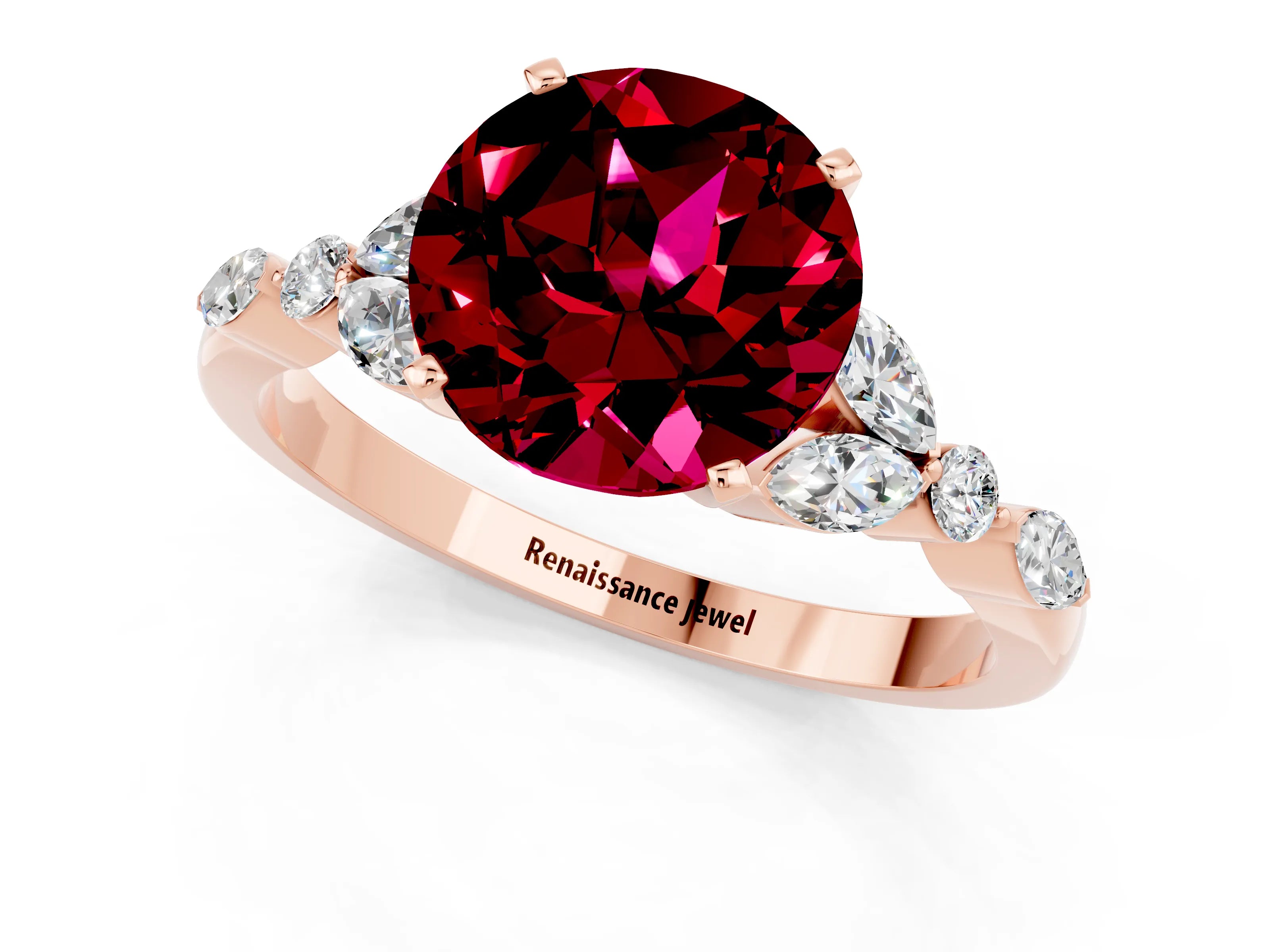 Rose gold Round Cut Garnet Solitaire Ring with Side Stones and Four-Prong Setting_13