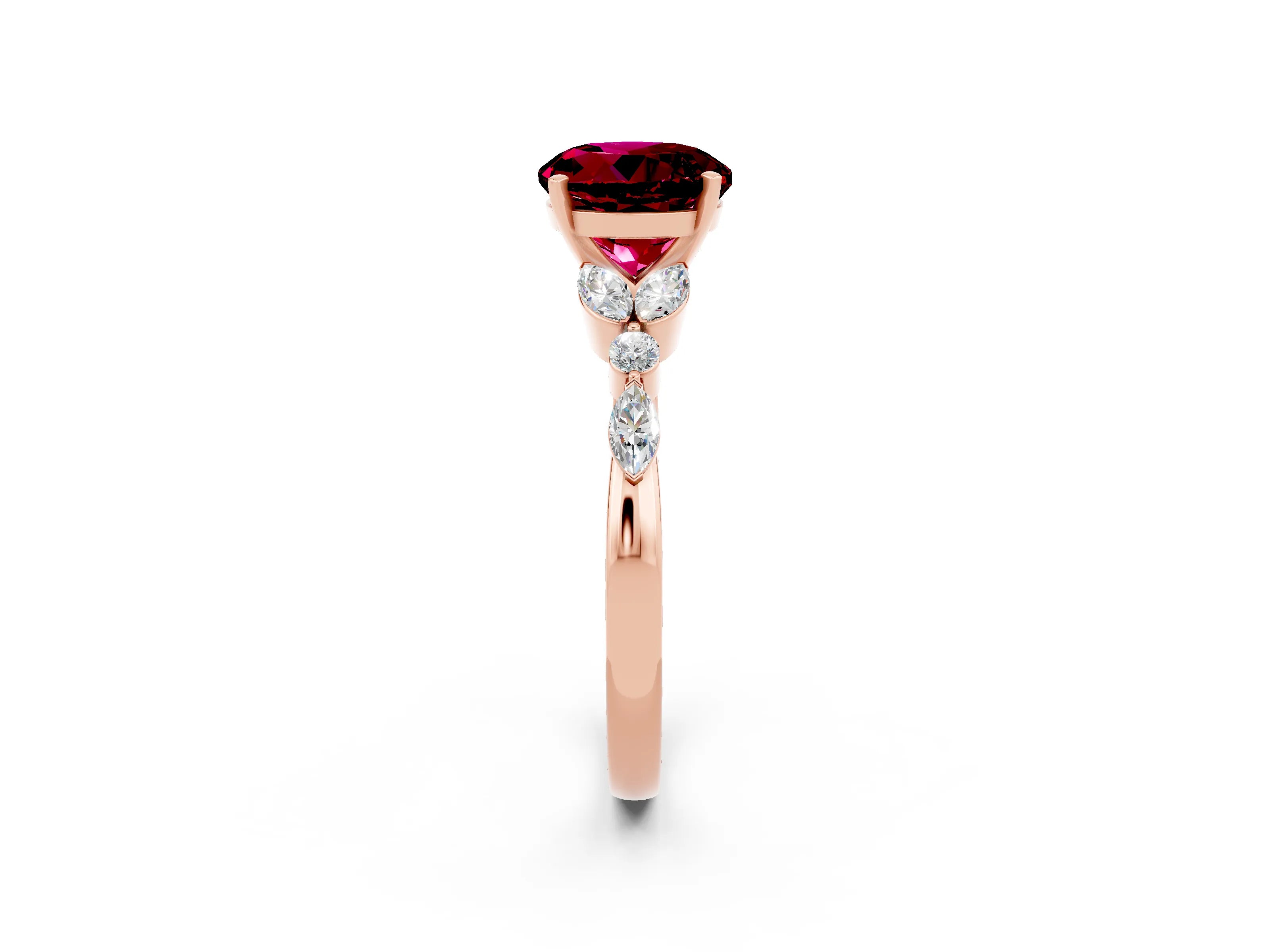 Rose gold Round Cut Garnet Solitaire Ring with Side Stones and Four-Prong Setting_14