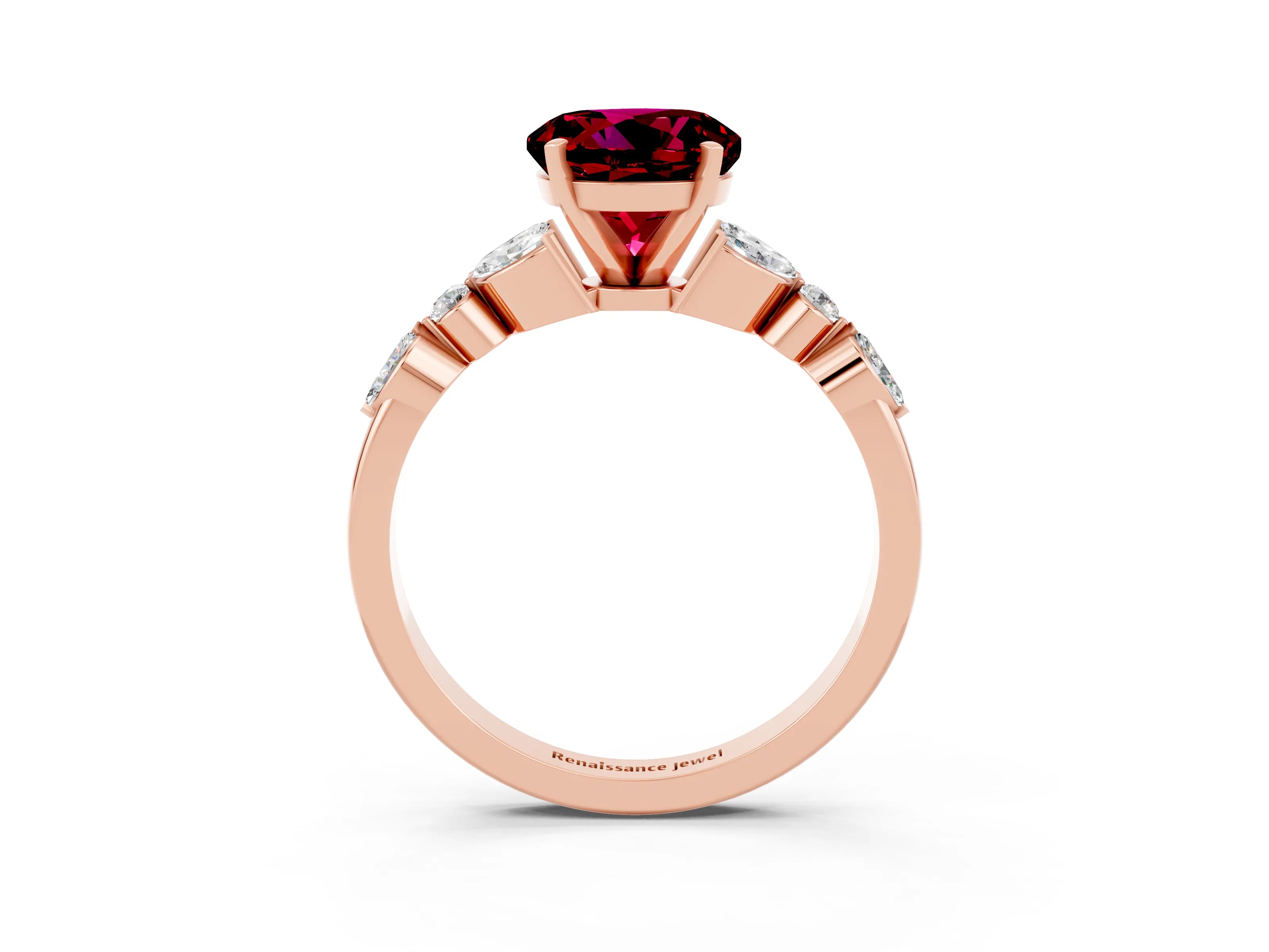 Rose gold Round Cut Garnet Solitaire Ring with Side Stones and Four-Prong Setting_15