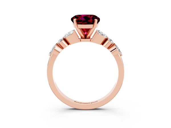 Rose gold Round Cut Garnet Solitaire Ring with Side Stones and Four-Prong Setting