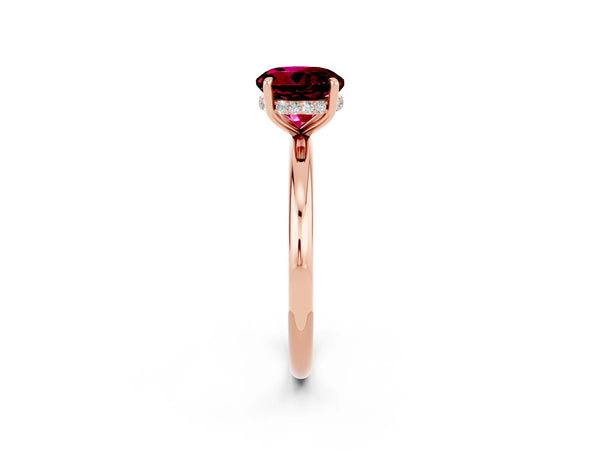 Rose gold Round Cut Garnet Solitaire Ring with Thin Band and Four-Prong Setting