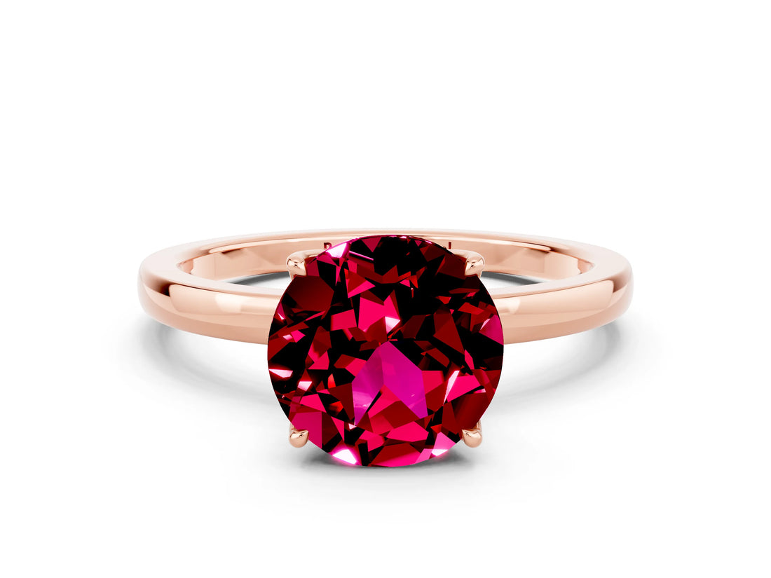 Rose gold Round Cut Garnet Solitaire Ring with Thin Band and Prong Setting_12