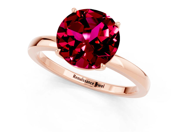 Rose gold Round Cut Garnet Solitaire Ring with Thin Band and Prong Setting