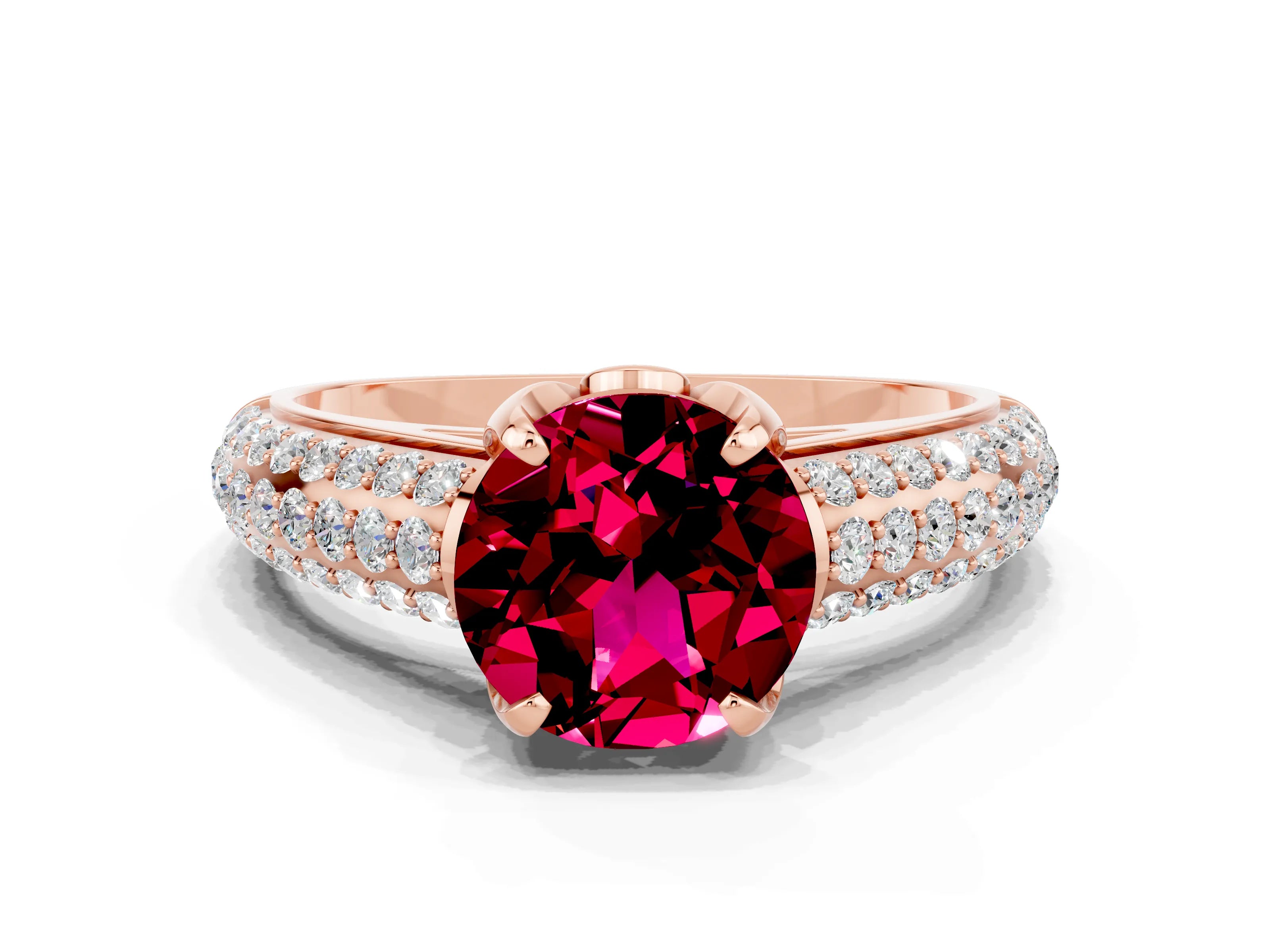 Rose gold Round Cut Garnet Solitaire Ring with Three-Row Pavé Band and Four-Prong Setting_12