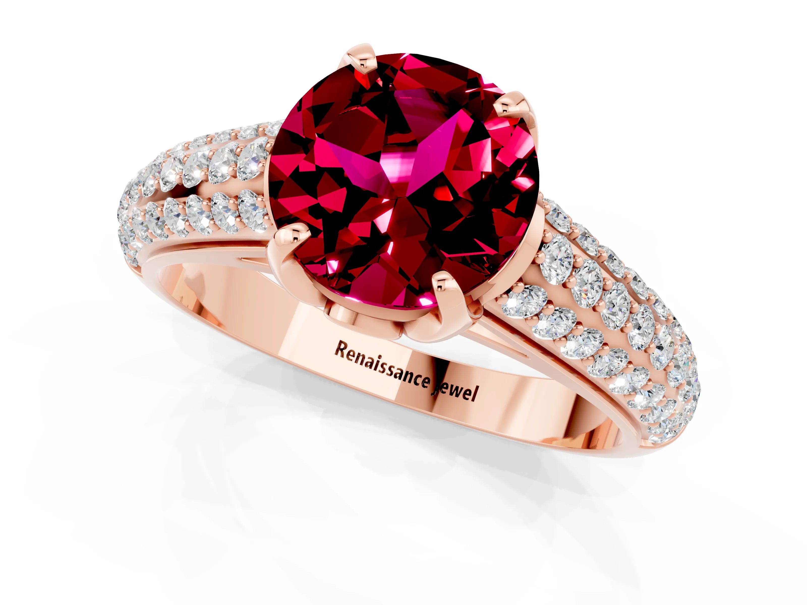 Rose gold Round Cut Garnet Solitaire Ring with Three-Row Pavé Band and Four-Prong Setting_13