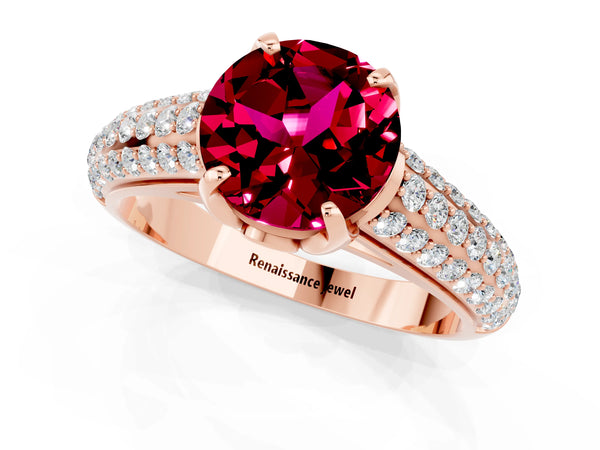 Rose gold Round Cut Garnet Solitaire Ring with Three-Row Pavé Band and Four-Prong Setting