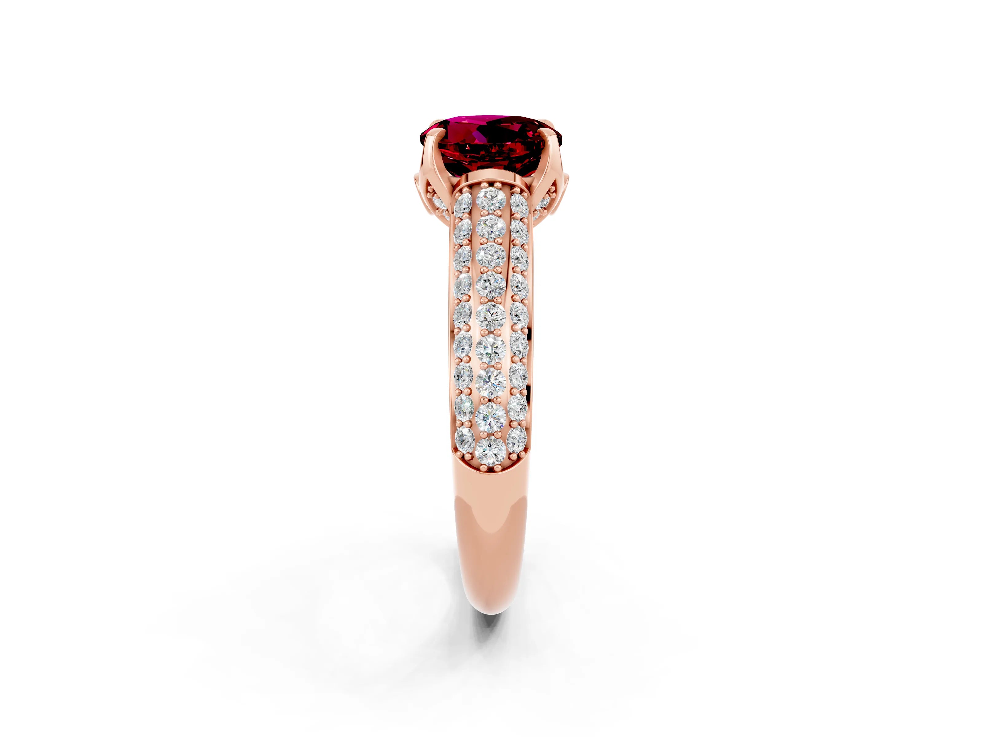 Rose gold Round Cut Garnet Solitaire Ring with Three-Row Pavé Band and Four-Prong Setting_14