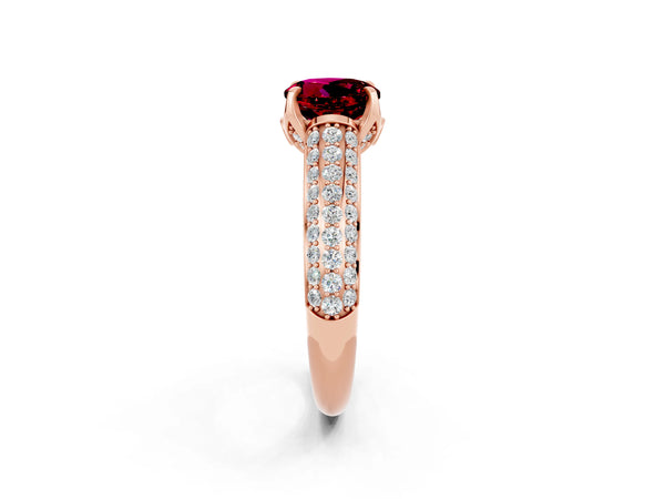 Rose gold Round Cut Garnet Solitaire Ring with Three-Row Pavé Band and Four-Prong Setting