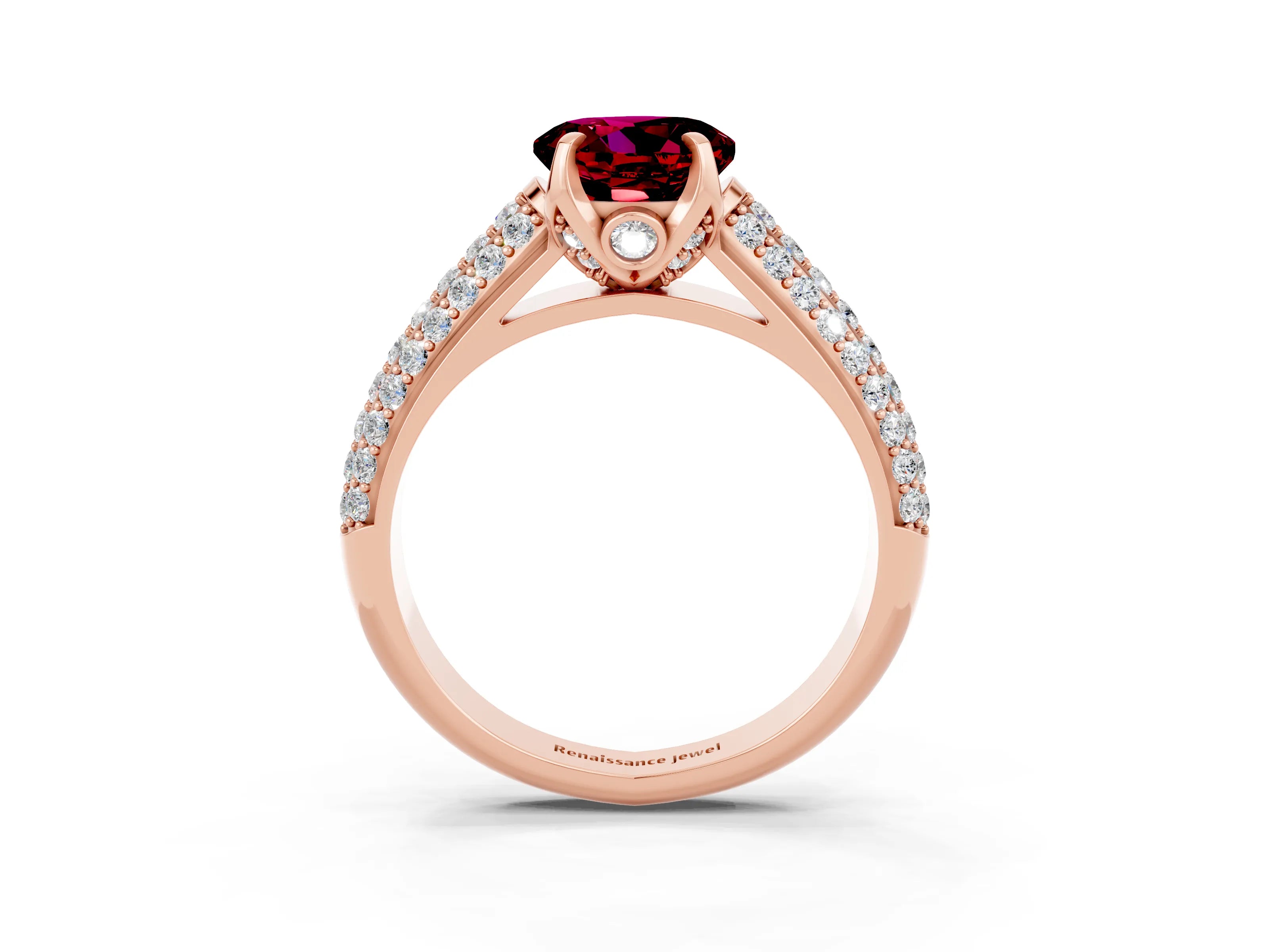 Rose gold Round Cut Garnet Solitaire Ring with Three-Row Pavé Band and Four-Prong Setting_15