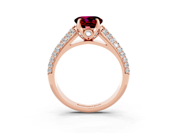 Rose gold Round Cut Garnet Solitaire Ring with Three-Row Pavé Band and Four-Prong Setting