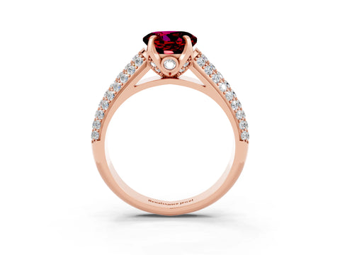Rose gold Round Cut Garnet Solitaire Ring with Three-Row Pavé Band and Four-Prong Setting_15