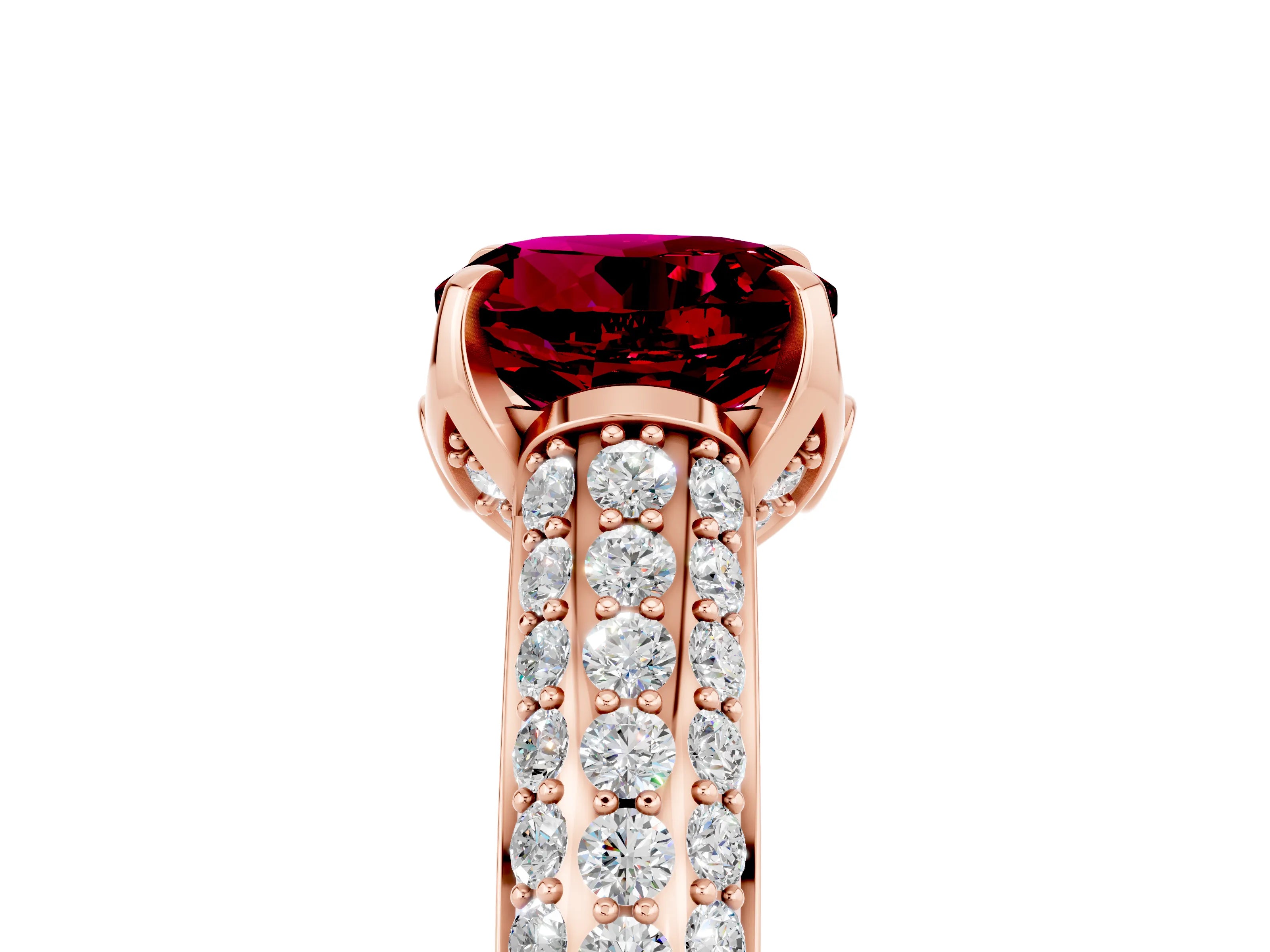 Rose gold Round Cut Garnet Solitaire Ring with Three-Row Pavé Band and Four-Prong Setting_17