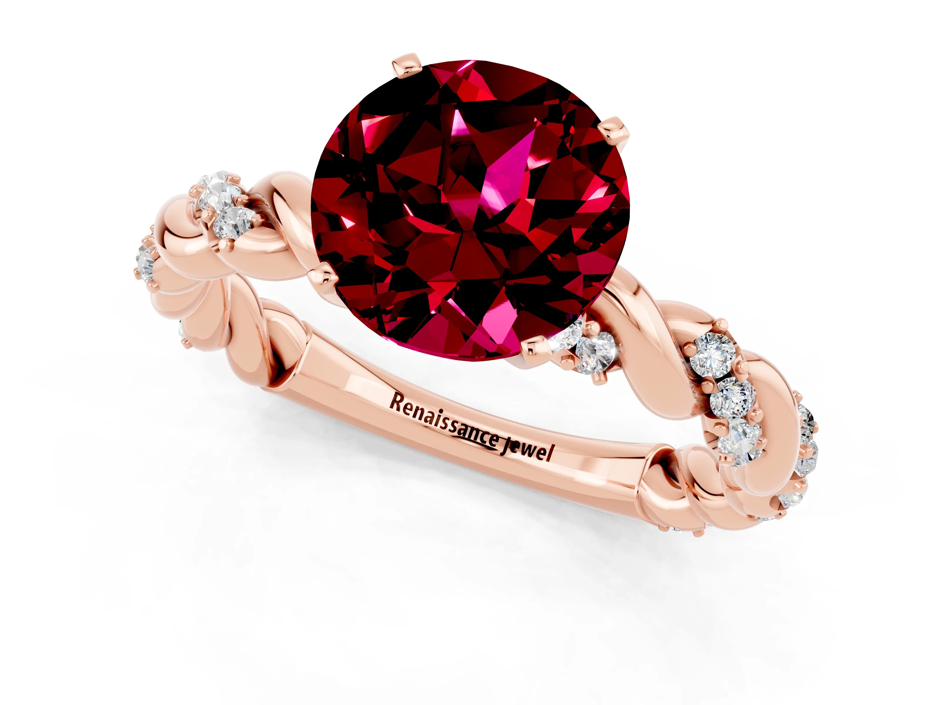 Rose gold Round Cut Garnet Solitaire Ring with Twisted Band and Pavé Accents_1