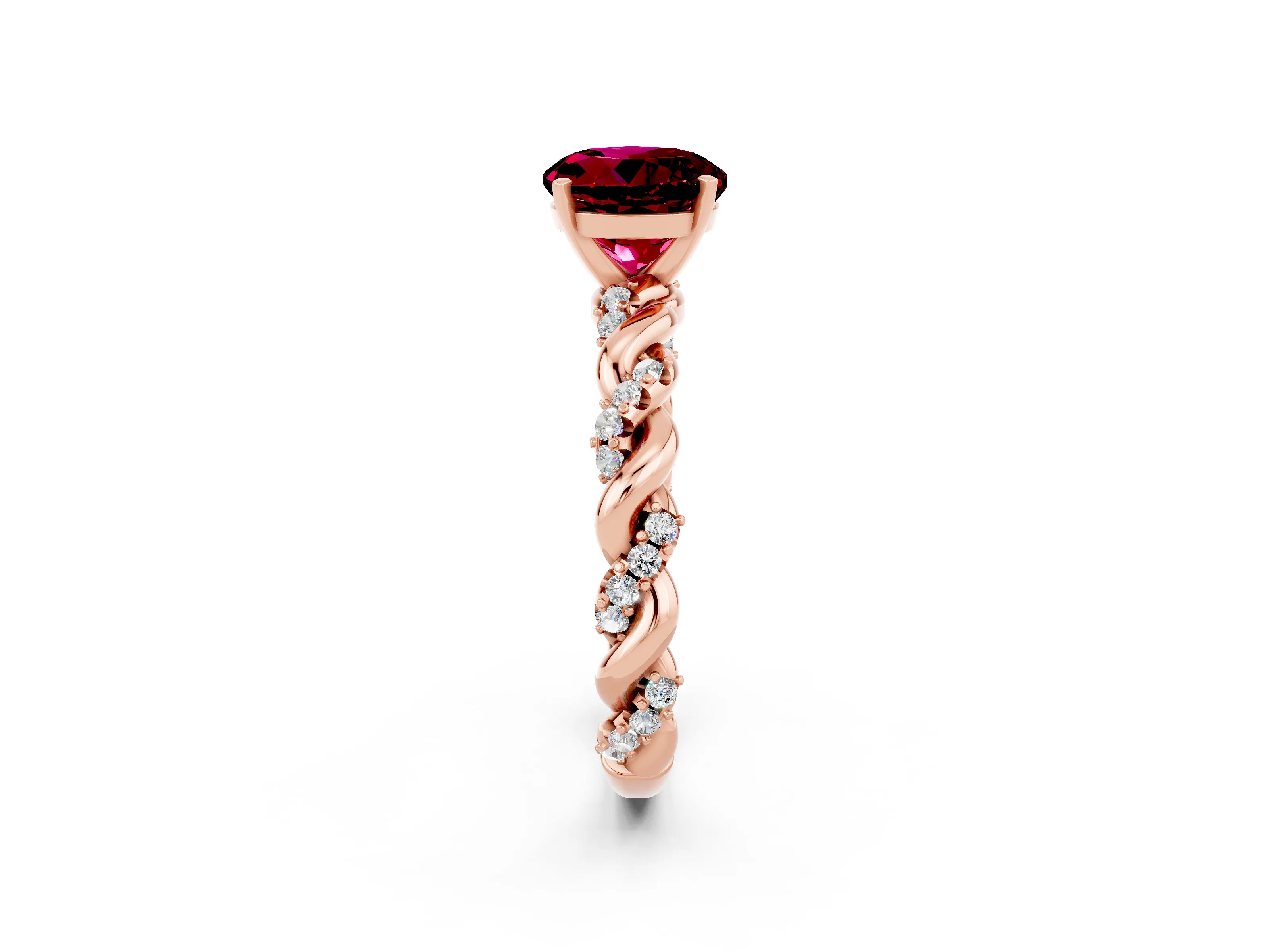 Rose gold Round Cut Garnet Solitaire Ring with Twisted Band and Pavé Accents_2