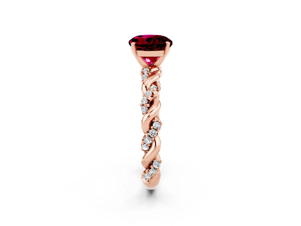 Rose gold Round Cut Garnet Solitaire Ring with Twisted Band and Pavé Accents