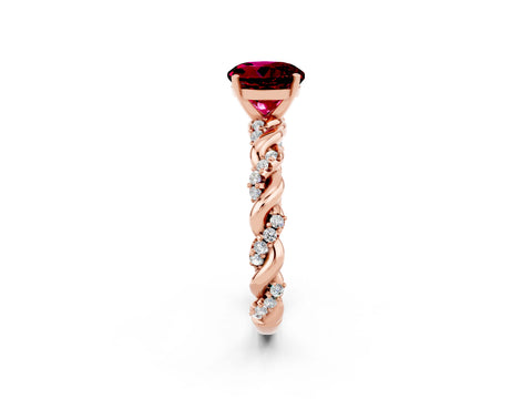Rose gold Round Cut Garnet Solitaire Ring with Twisted Band and Pavé Accents_2