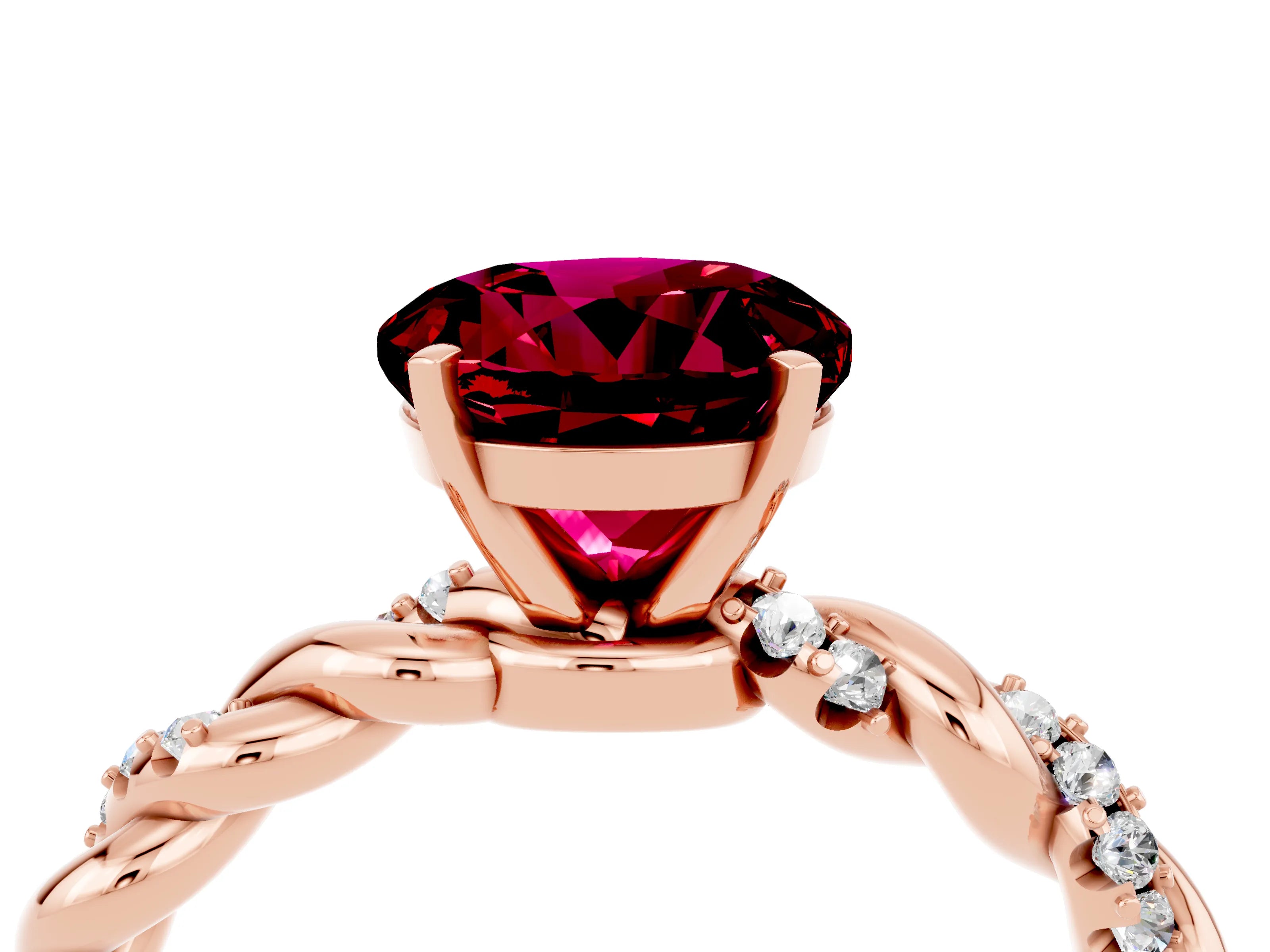 Rose gold Round Cut Garnet Solitaire Ring with Twisted Band and Pavé Accents_4