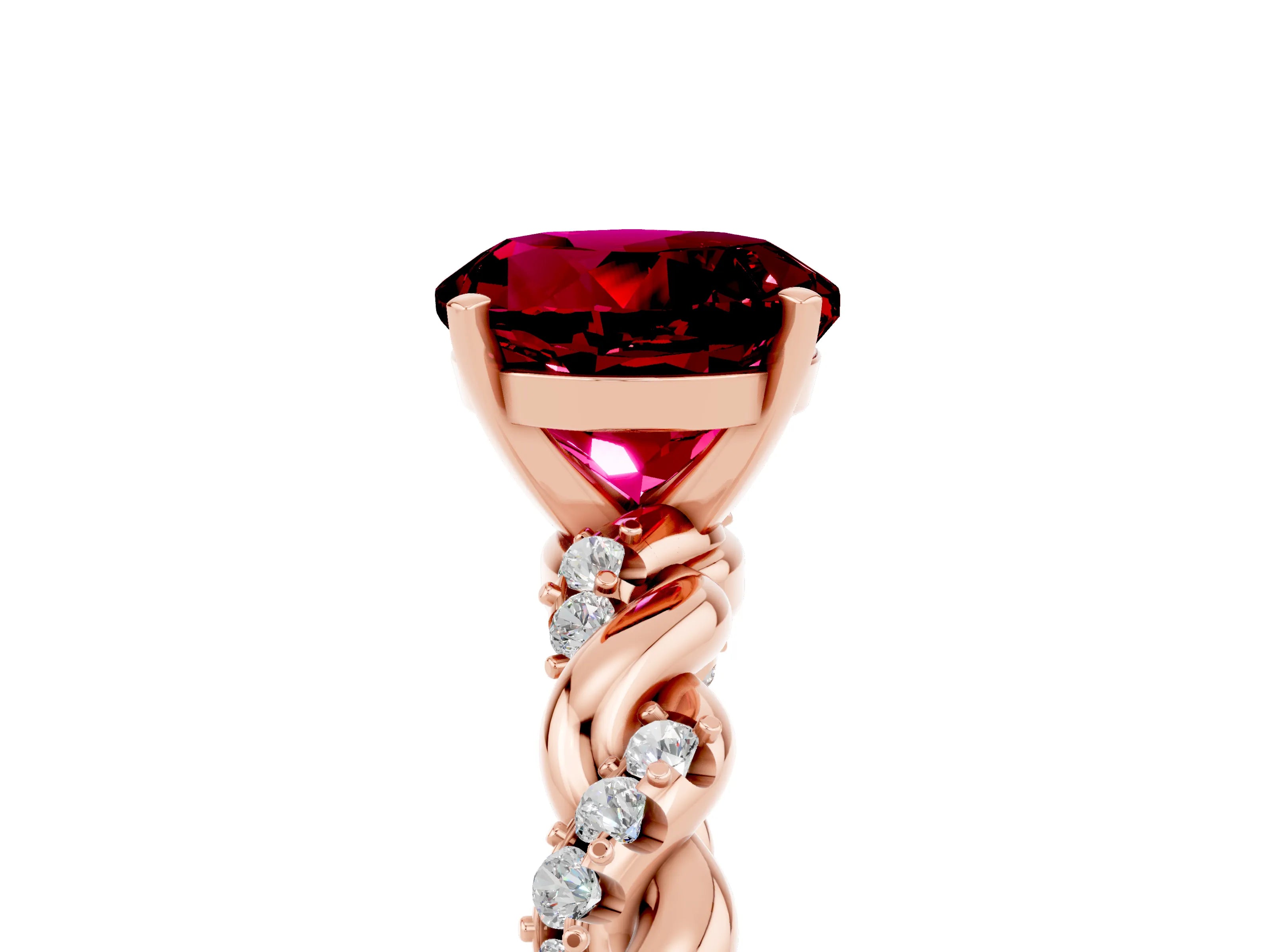 Rose gold Round Cut Garnet Solitaire Ring with Twisted Band and Pavé Accents_5