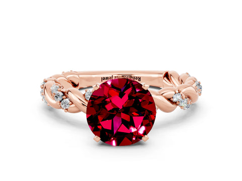 Rose gold Round Cut Garnet Solitaire Ring with Twisted Band and Pavé Accents