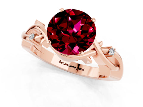 Rose gold Round Cut Garnet Solitaire Ring with Twisted Band and Prong Setting_1