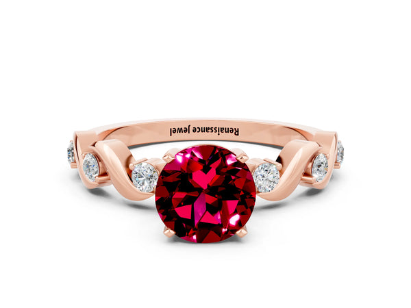 Rose gold Round Cut Garnet Solitaire Twisted Band with Round  Accents and Prong Setting