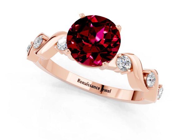 Rose gold Round Cut Garnet Solitaire Twisted Band with Round  Accents and Prong Setting