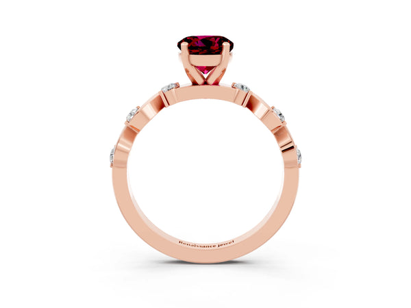 Rose gold Round Cut Garnet Solitaire Twisted Band with Round  Accents and Prong Setting