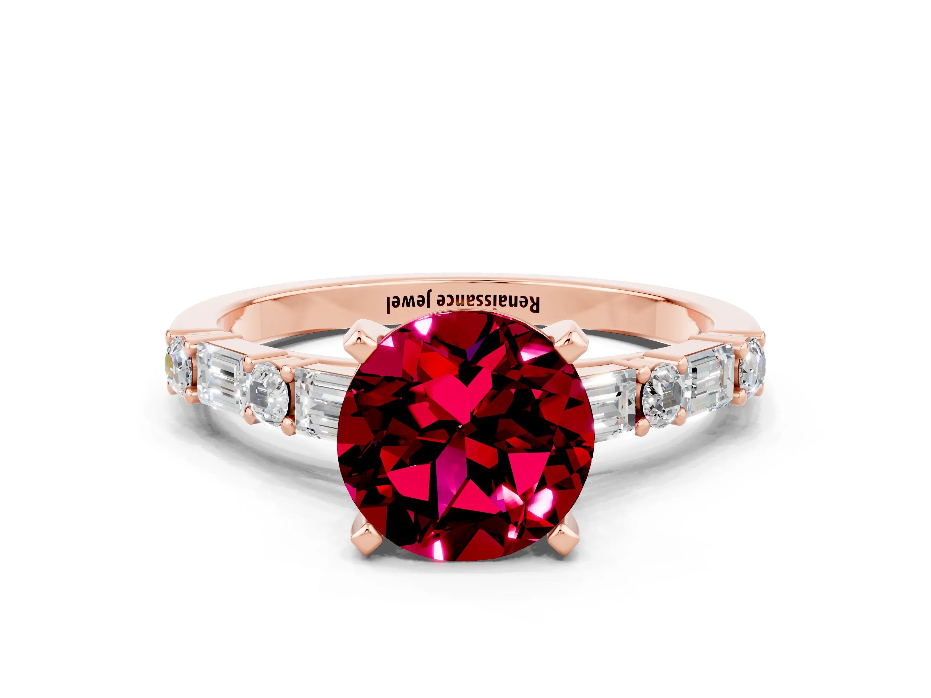 Rose gold Round Cut Garnet Solitaire with Side Baguettes and Channel Set Band