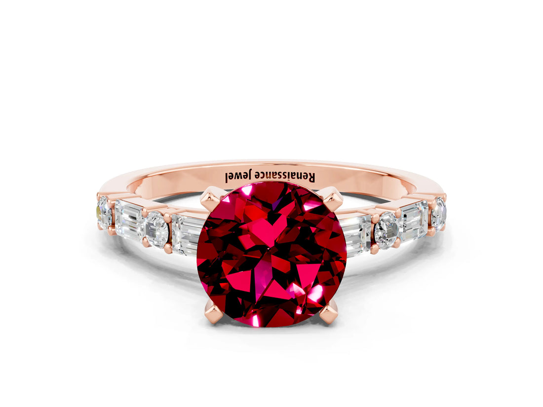 Rose gold Round Cut Garnet Solitaire with Side Baguettes and Channel Set Band
