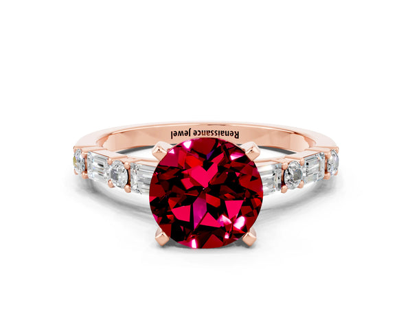 Rose gold Round Cut Garnet Solitaire with Side Baguettes and Channel Set Band