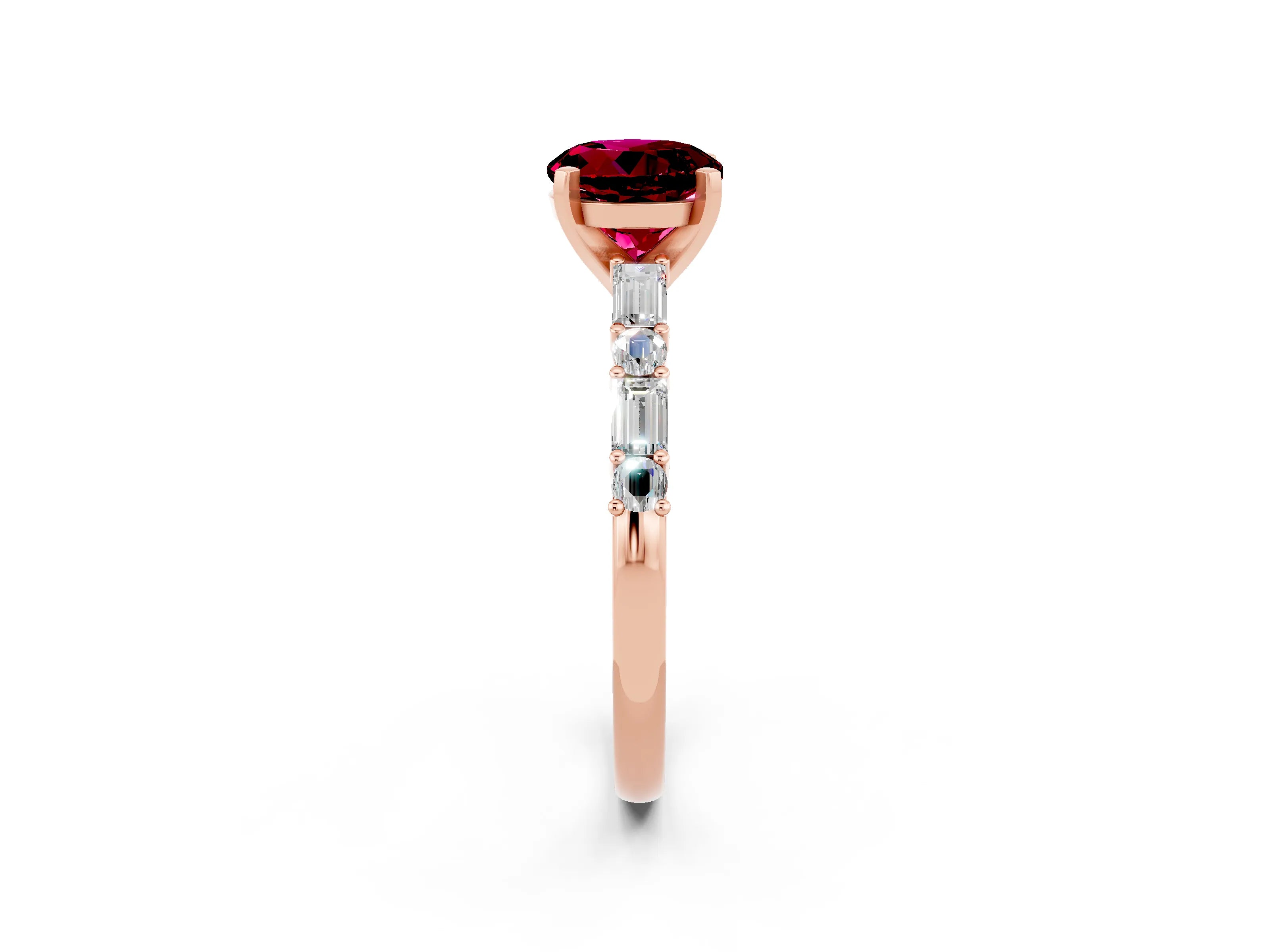 Rose gold Round Cut Garnet Solitaire with Side Baguettes and Channel Set Band_2