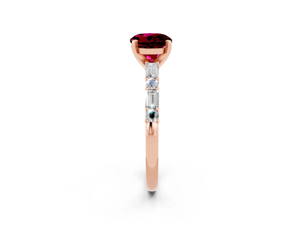Rose gold Round Cut Garnet Solitaire with Side Baguettes and Channel Set Band