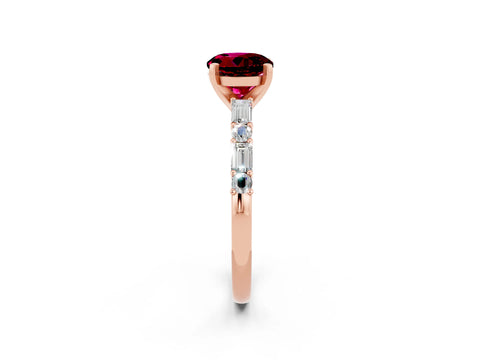 Rose gold Round Cut Garnet Solitaire with Side Baguettes and Channel Set Band_2