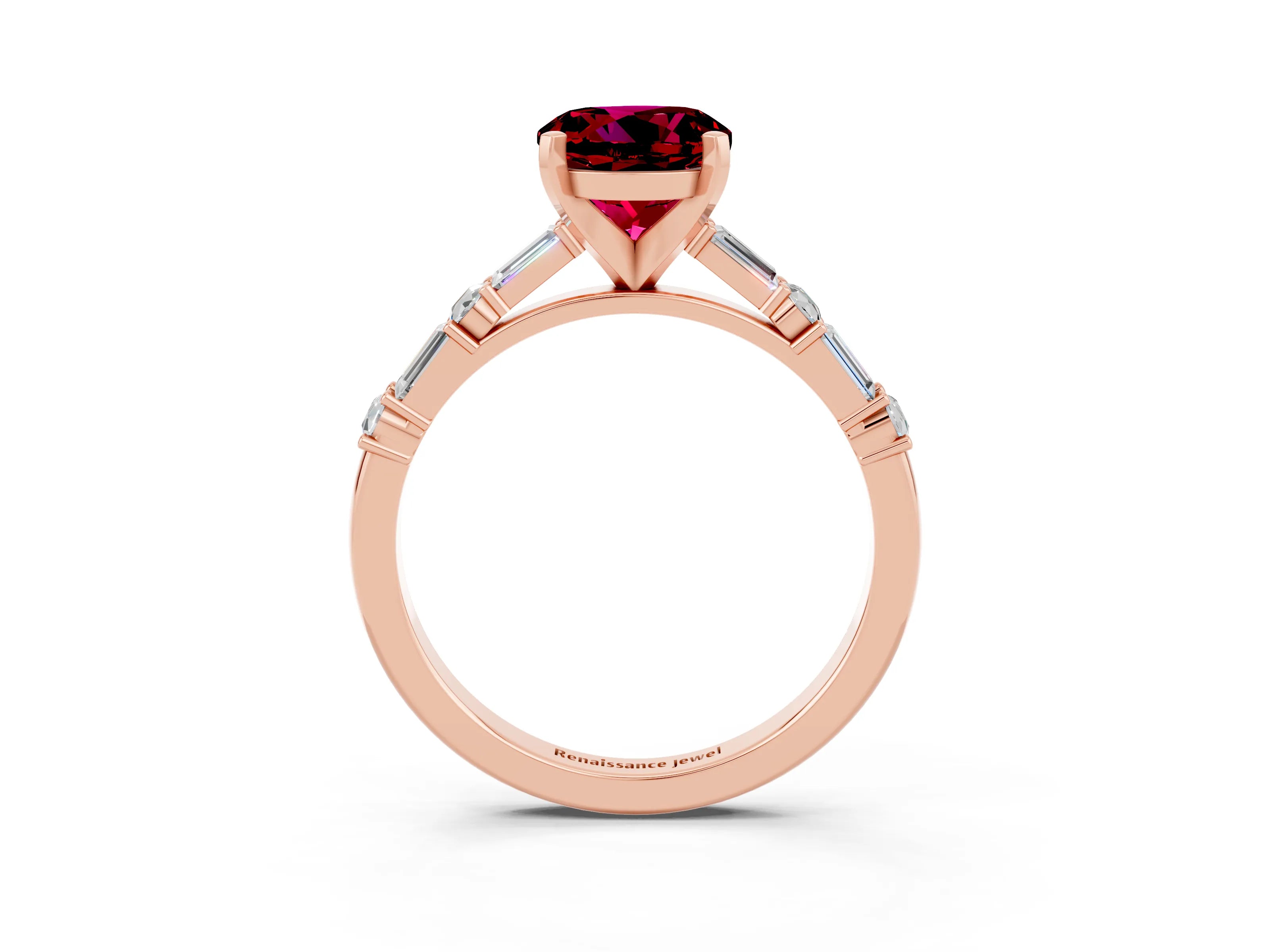 Rose gold Round Cut Garnet Solitaire with Side Baguettes and Channel Set Band_3