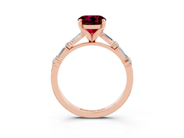 Rose gold Round Cut Garnet Solitaire with Side Baguettes and Channel Set Band