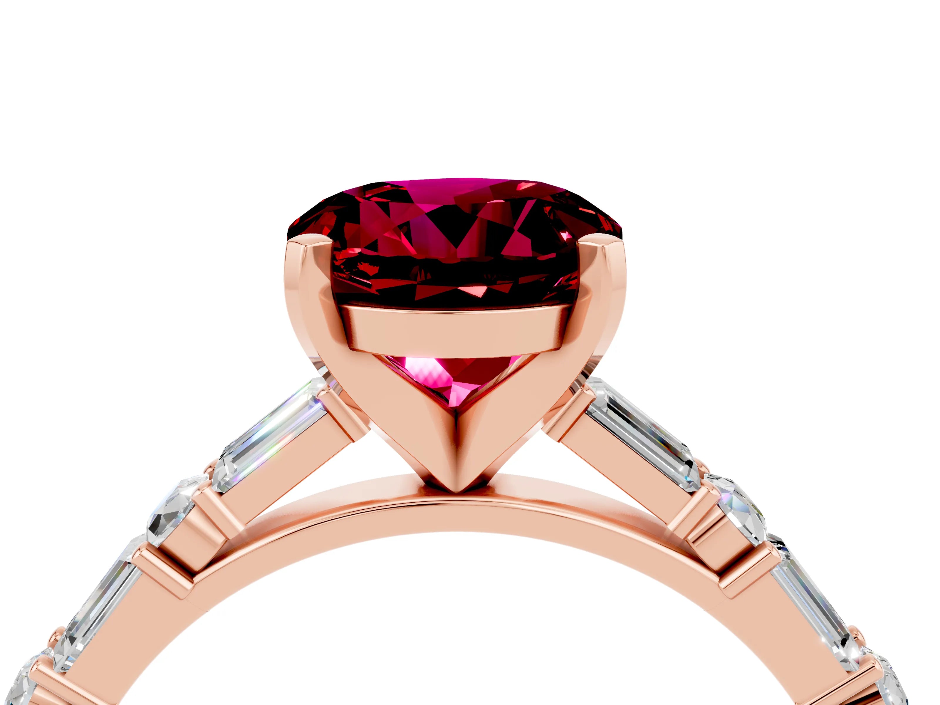 Rose gold Round Cut Garnet Solitaire with Side Baguettes and Channel Set Band_4