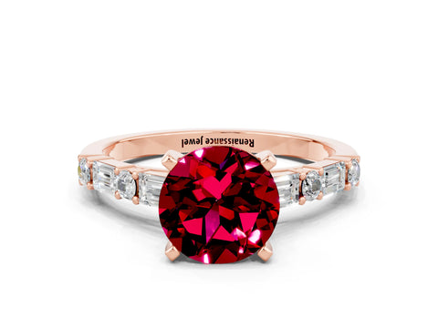 Rose gold Round Cut Garnet Solitaire with Side Baguettes and Channel Set Band