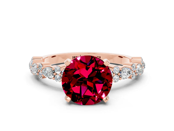 Rose gold Round Cut Garnet Side Stone Solitaire Ring with Round  and Four-Prong Setting