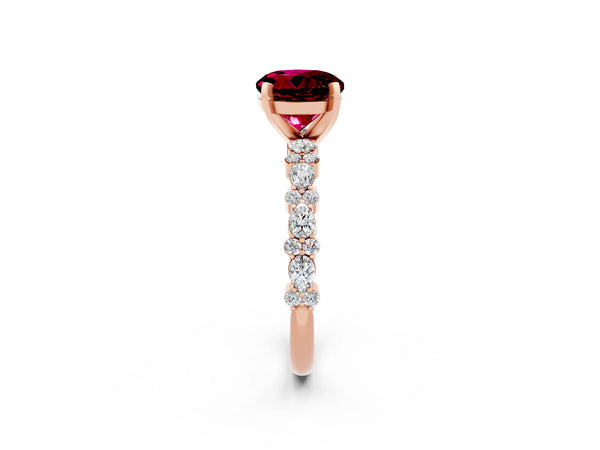 Rose gold Round Cut Garnet Side Stone Solitaire Ring with Round  and Four-Prong Setting