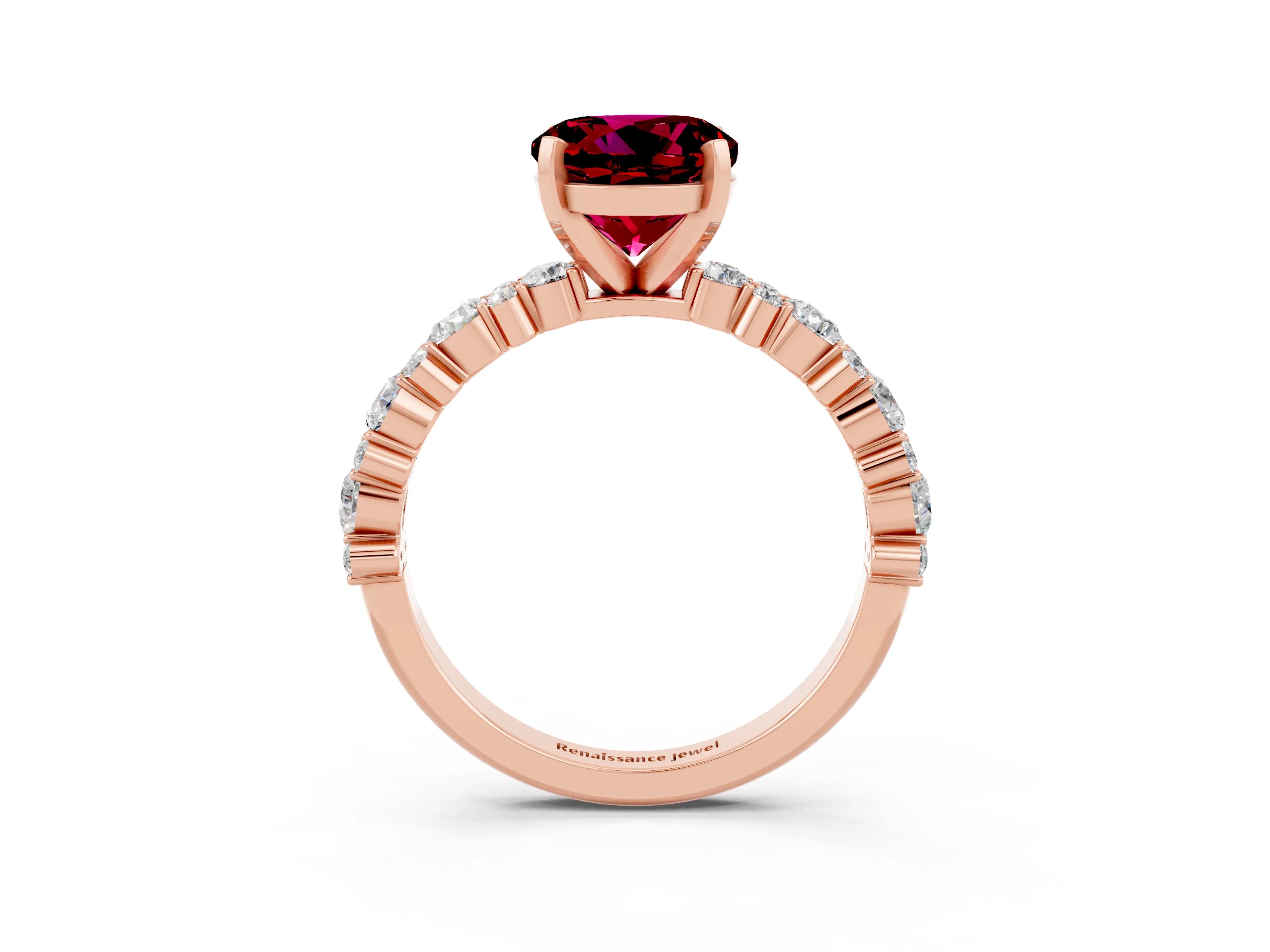 Rose gold Round Cut Garnet Solitaire with Side Stones, Pave Band, Four-Prong Setting_39