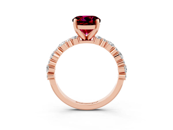 Rose gold Round Cut Garnet Side Stone Solitaire Ring with Round  and Four-Prong Setting