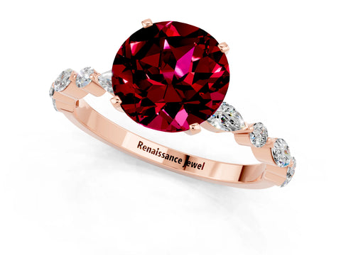 Rose gold Round Cut Garnet Solitaire with Side Stones on a Pavé Band and Four-Prong Setting_1