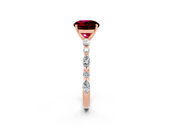 Rose gold Round Cut Garnet Ring with Marquise and Round  Side Stones and Four-Prong Setting