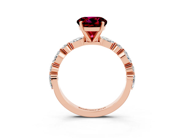 Rose gold Round Cut Garnet Ring with Marquise and Round  Side Stones and Four-Prong Setting