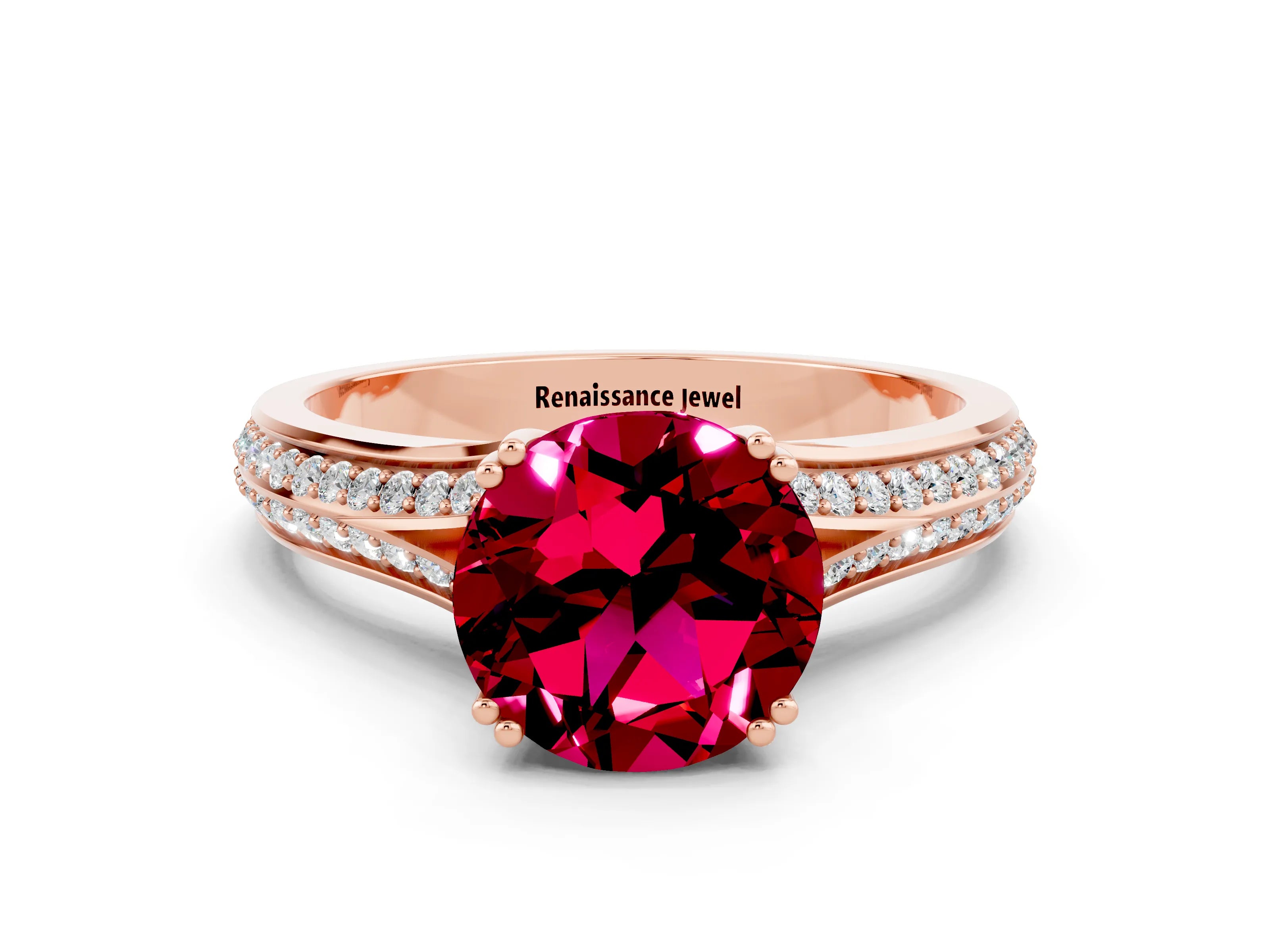 Rose gold Round Cut Garnet Split Shank Engagement Ring with Pavé Band